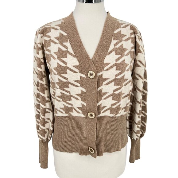 Joie Houndstooth Cardigan Sweater Balloon Sleeves Beige Ivory Size Medium - Picture 2 of 7